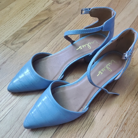 Lulus Shoes - Lucinda Slate Blue Crocodile-Embossed Ankle Strap Pumps